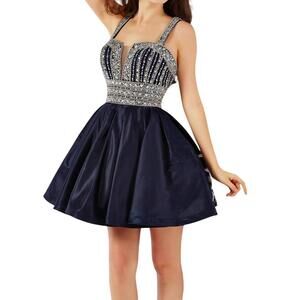 NEW ANGELA & ALISON rhinestone short prom dress in navy
